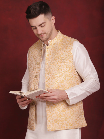 Jompers Men's Golden Woven Design Nehru Jacket With Kurta Pyjama Set