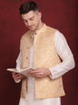 Jompers Men's Golden Woven Design Nehru Jacket With Kurta Pyjama Set