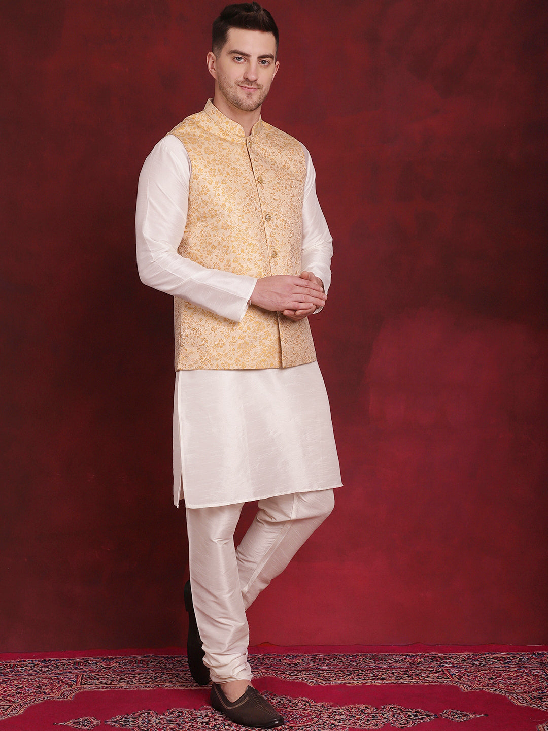 Jompers Men's Golden Woven Design Nehru Jacket With Kurta Pyjama Set