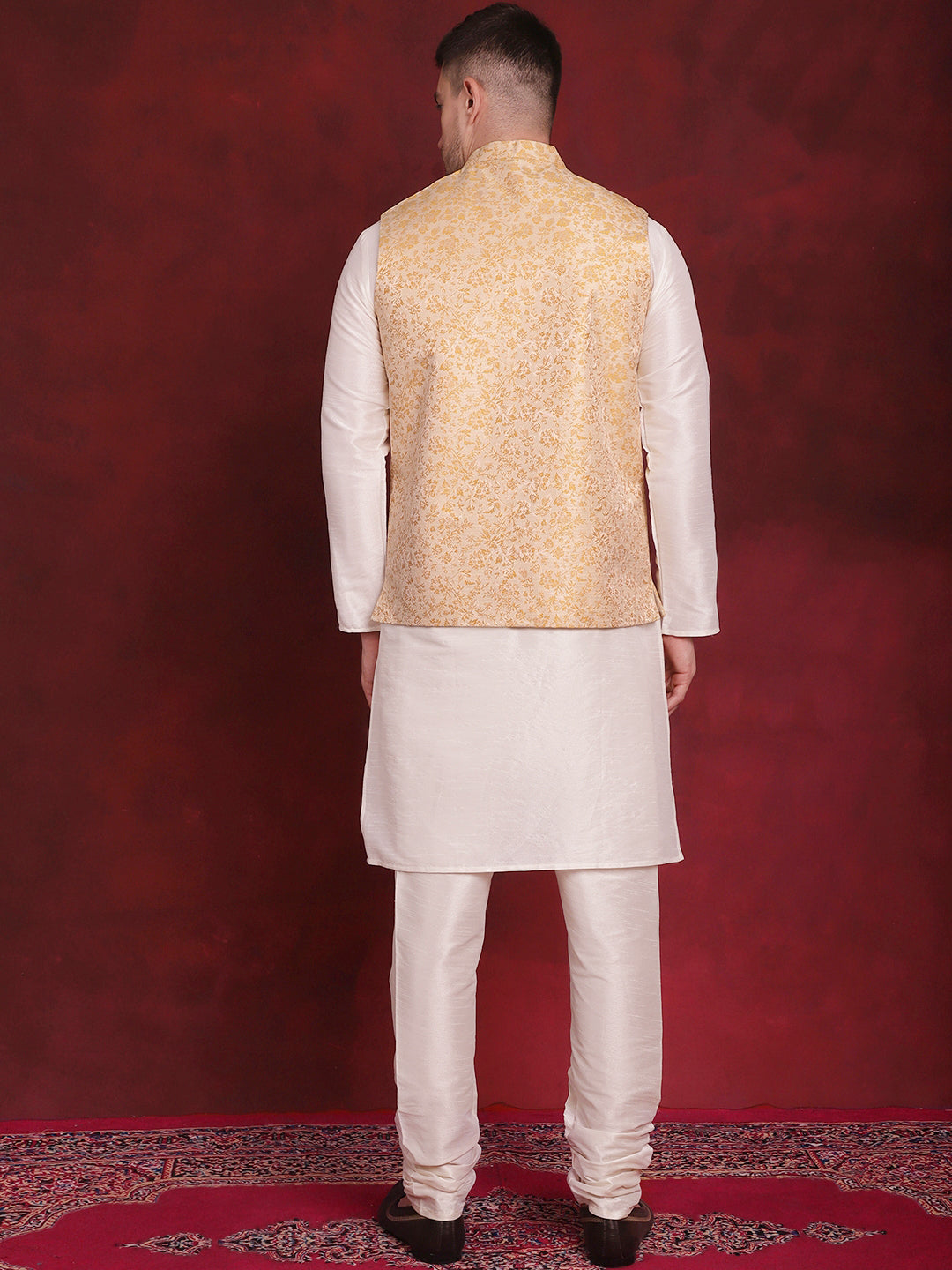 Jompers Men's Golden Woven Design Nehru Jacket With Kurta Pyjama Set