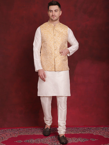 Jompers Men's Golden Woven Design Nehru Jacket With Kurta Pyjama Set