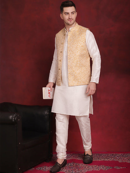 Jompers Men's Golden Woven Design Nehru Jacket With Kurta Pyjama Set