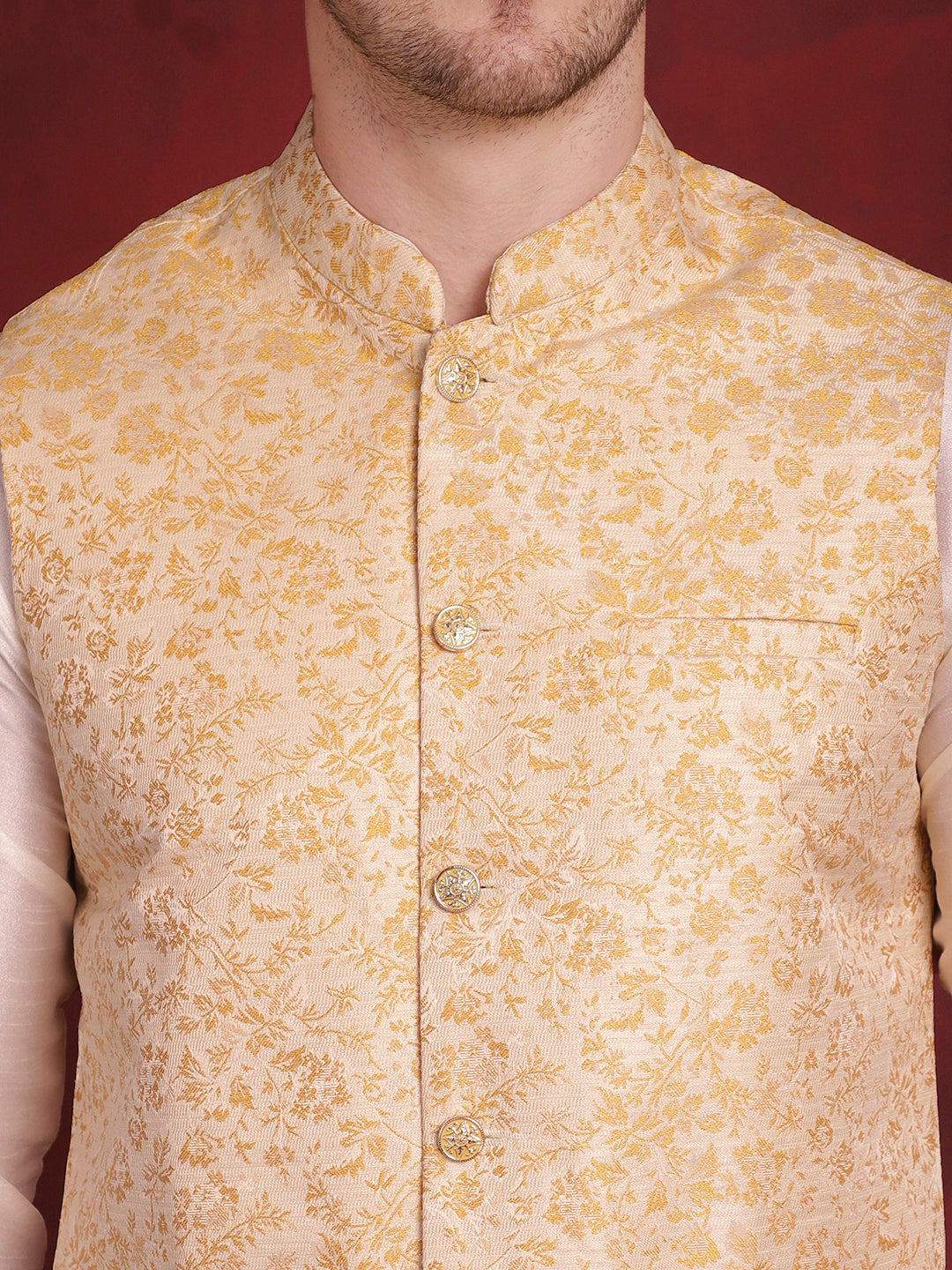 Jompers Men's Golden Woven Design Nehru Jacket With Kurta Pyjama Set