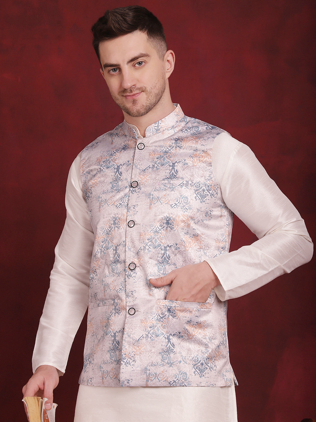 Jompers Men's Silver Floral Printed Nehru Jacket With Kurta Pyjama Set