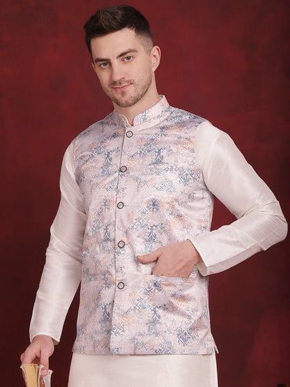 Jompers Men's Silver Floral Printed Nehru Jacket With Kurta Pyjama Set