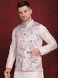 Jompers Men's Silver Floral Printed Nehru Jacket With Kurta Pyjama Set