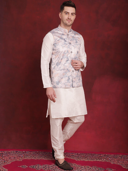 Jompers Men's Silver Floral Printed Nehru Jacket With Kurta Pyjama Set