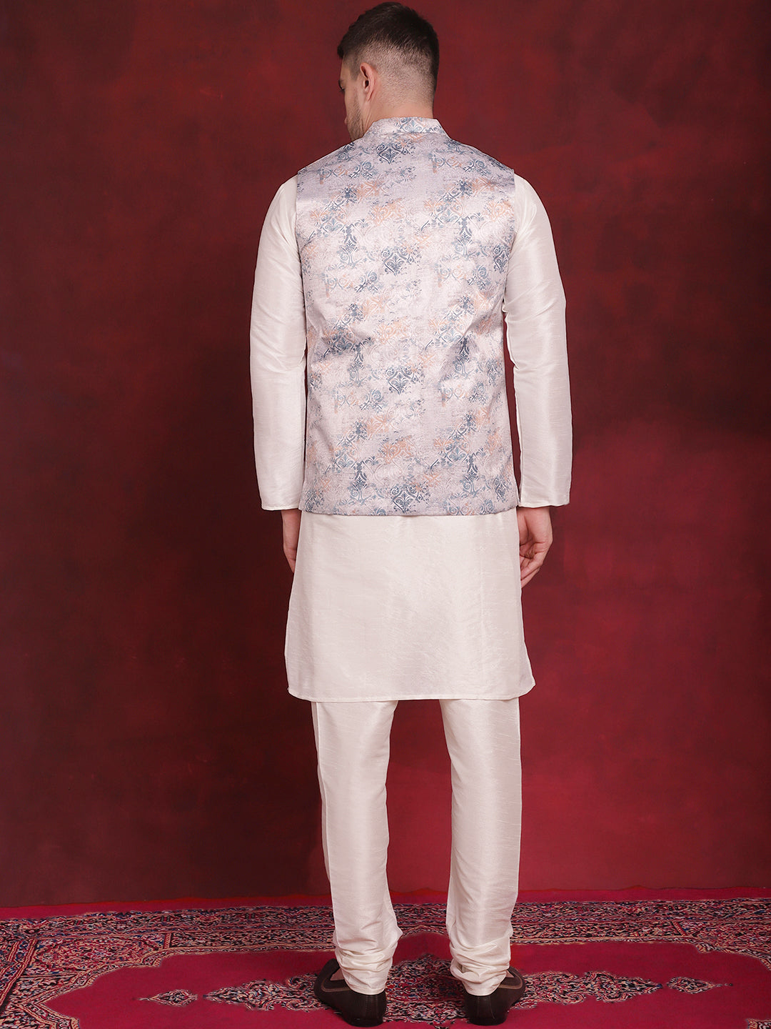 Jompers Men's Silver Floral Printed Nehru Jacket With Kurta Pyjama Set