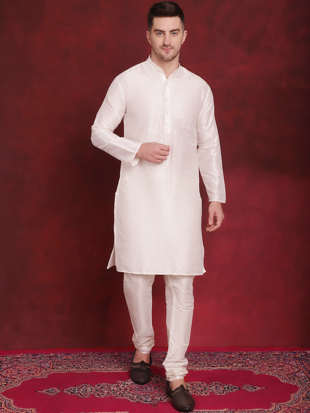 Jompers Men's Silver Floral Printed Nehru Jacket With Kurta Pyjama Set