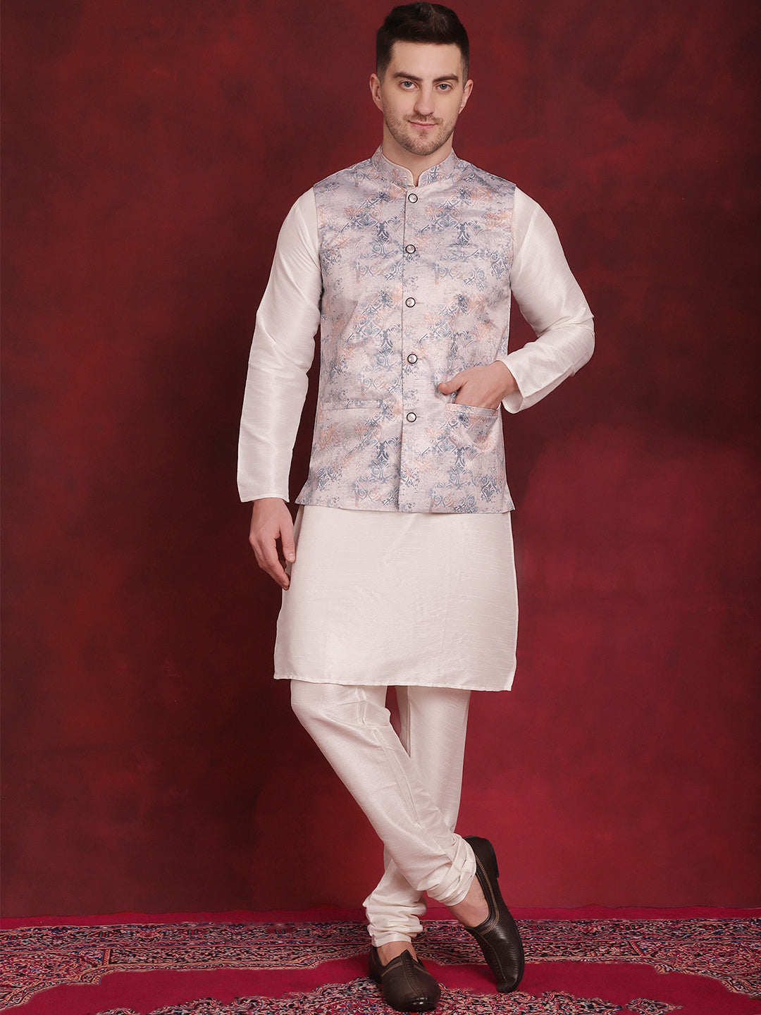 Jompers Men's Silver Floral Printed Nehru Jacket With Kurta Pyjama Set