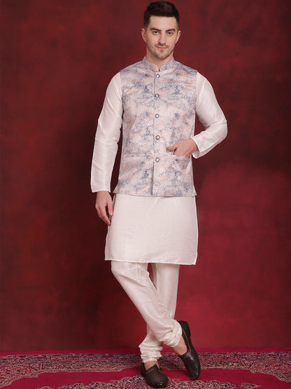Jompers Men's Silver Floral Printed Nehru Jacket With Kurta Pyjama Set