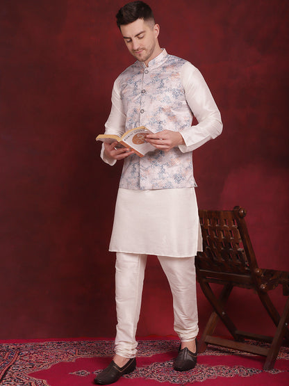 Jompers Men's Silver Floral Printed Nehru Jacket With Kurta Pyjama Set