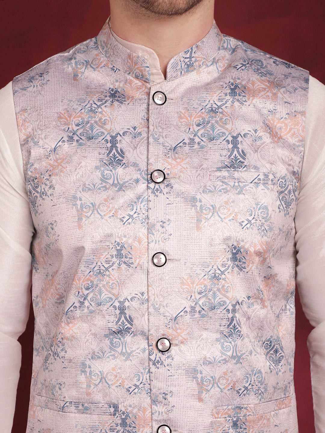 Jompers Men's Silver Floral Printed Nehru Jacket With Kurta Pyjama Set