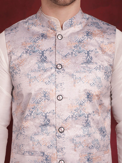 Jompers Men's Silver Floral Printed Nehru Jacket With Kurta Pyjama Set