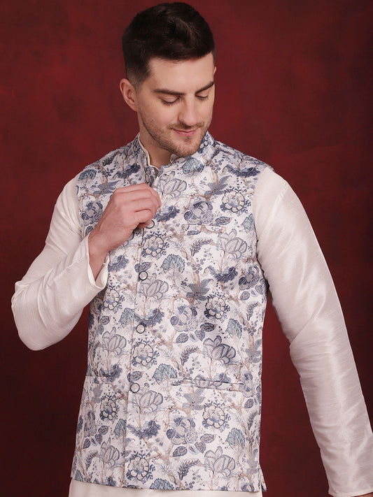 Jompers Men's White Floral Printed Nehru Jacket With Kurta Pyjama Set