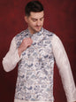 Jompers Men's White Floral Printed Nehru Jacket With Kurta Pyjama Set