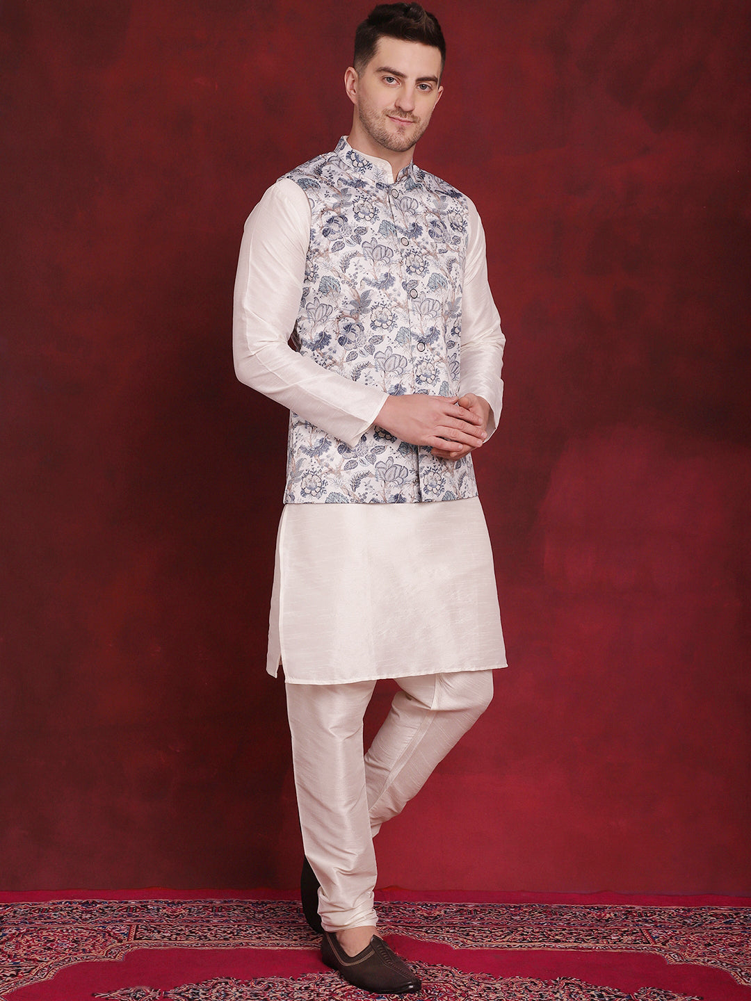 Jompers Men's White Floral Printed Nehru Jacket With Kurta Pyjama Set