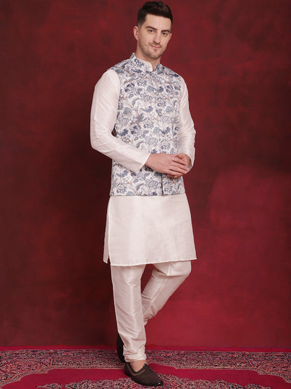 Jompers Men's White Floral Printed Nehru Jacket With Kurta Pyjama Set