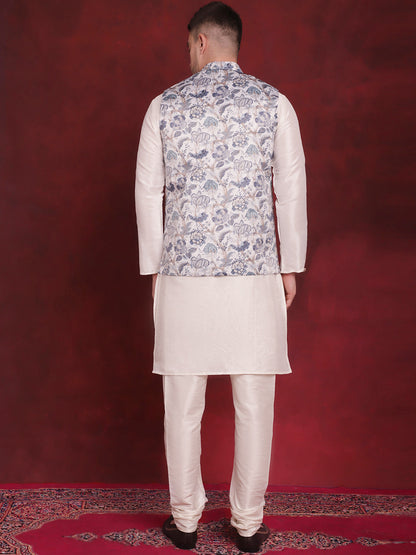 Jompers Men's White Floral Printed Nehru Jacket With Kurta Pyjama Set