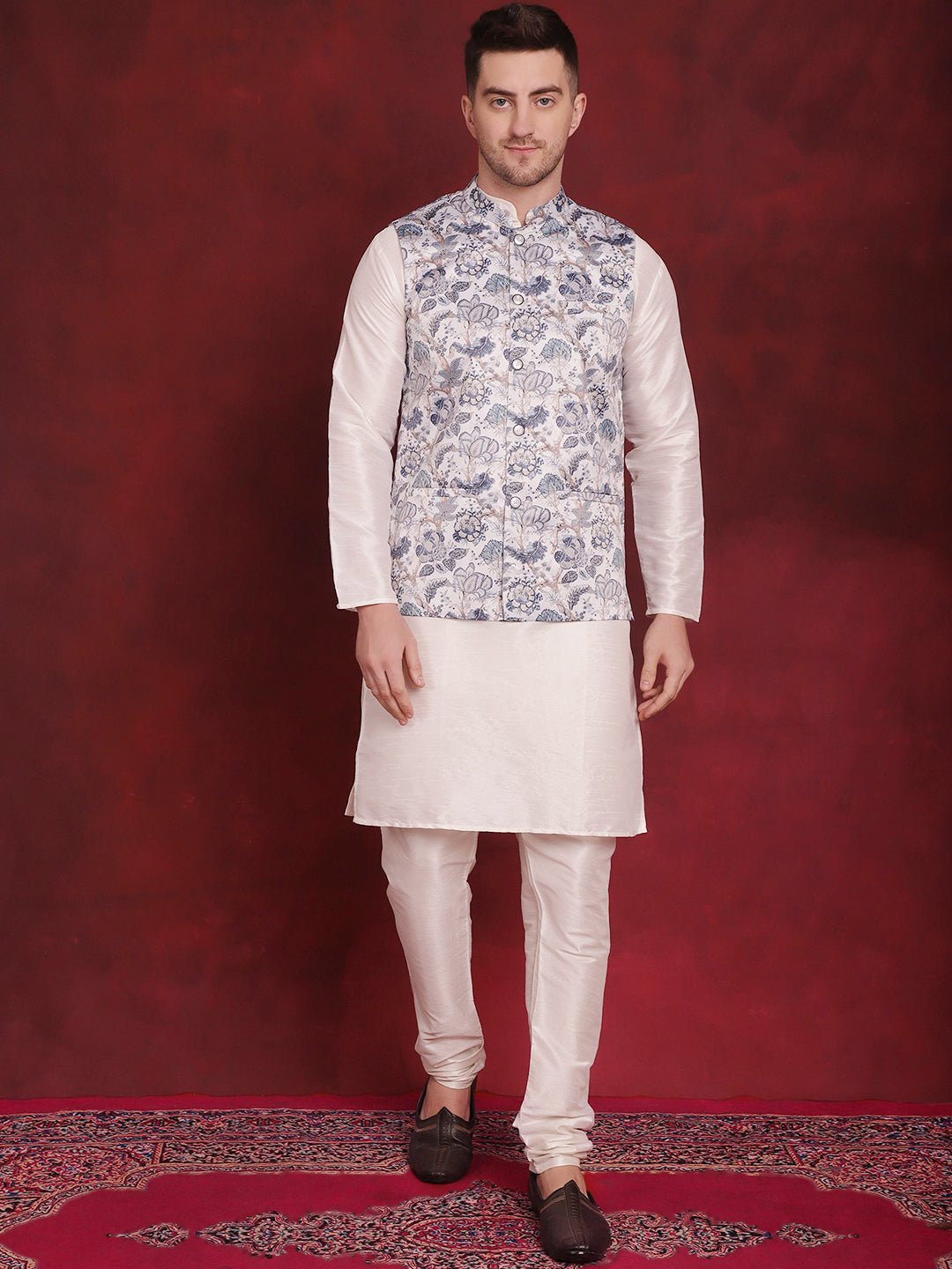 Jompers Men's White Floral Printed Nehru Jacket With Kurta Pyjama Set