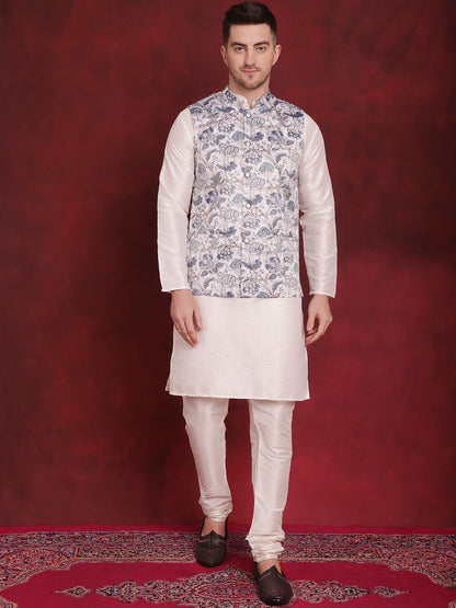 Jompers Men's White Floral Printed Nehru Jacket With Kurta Pyjama Set