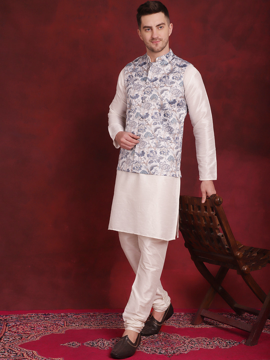 Jompers Men's White Floral Printed Nehru Jacket With Kurta Pyjama Set
