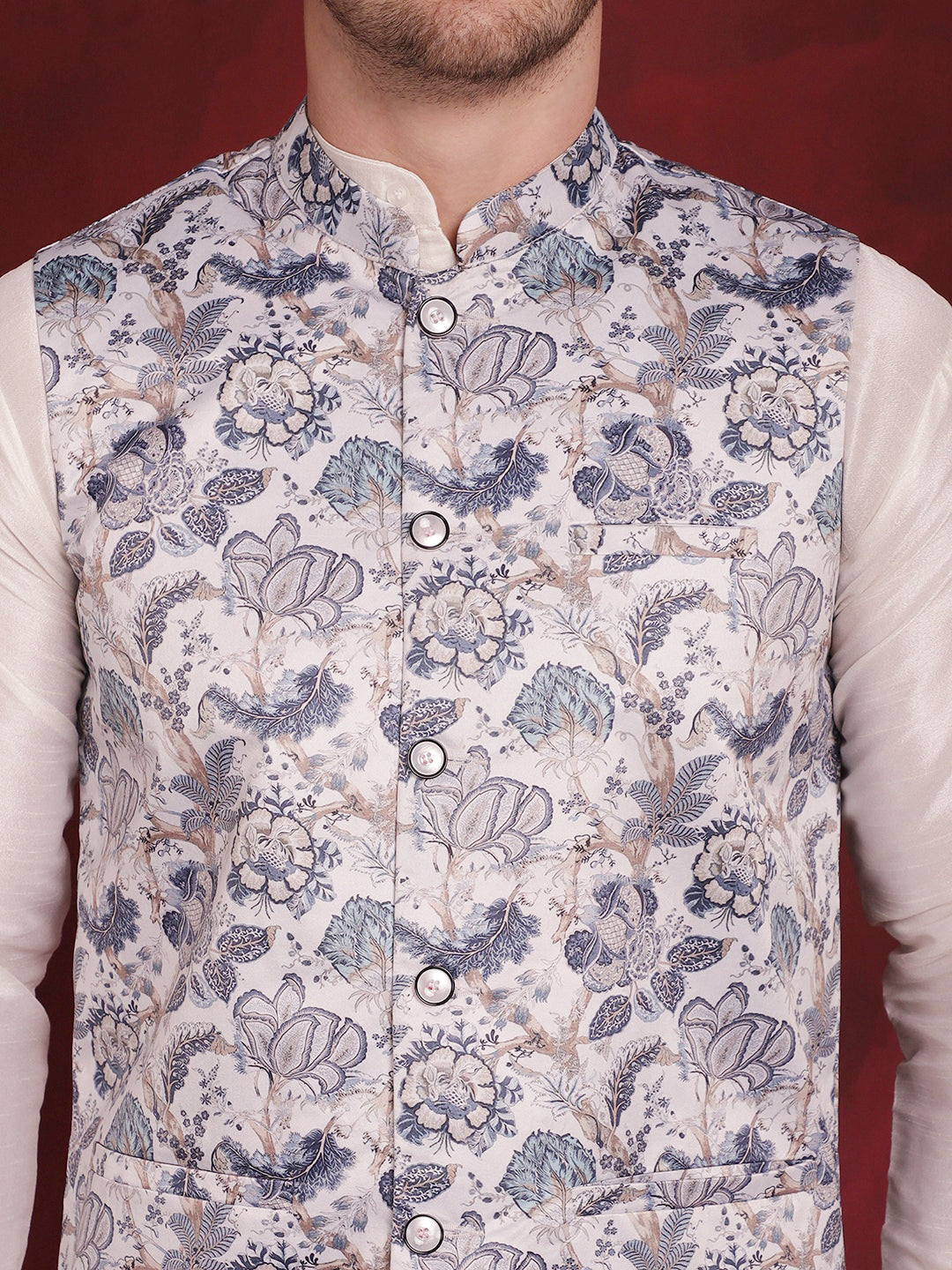 Jompers Men's White Floral Printed Nehru Jacket With Kurta Pyjama Set