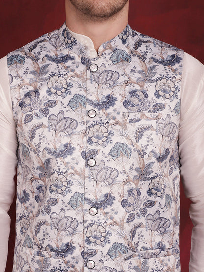 Jompers Men's White Floral Printed Nehru Jacket With Kurta Pyjama Set