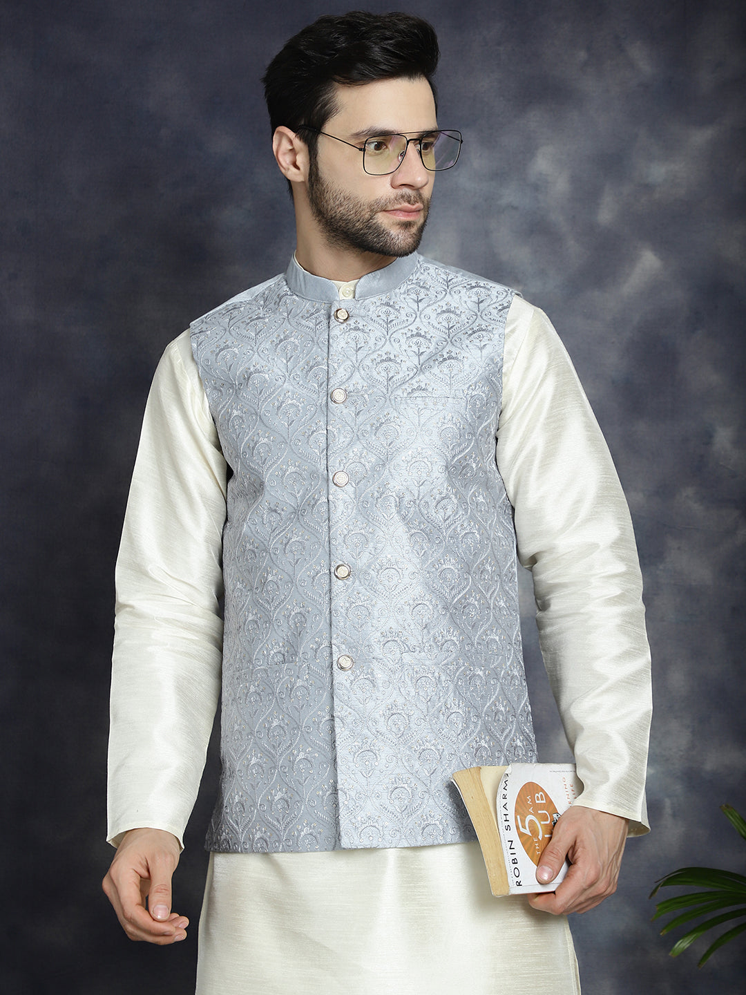 Jompers Men's Sequins and Embroidred Nehru Jacket With Solid Kurta Pyjama - Grey