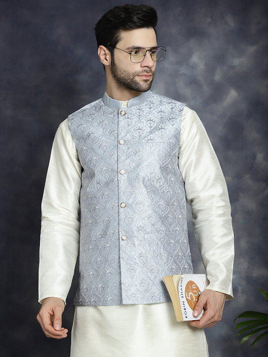 Jompers Men's Sequins and Embroidred Nehru Jacket With Solid Kurta Pyjama - Grey