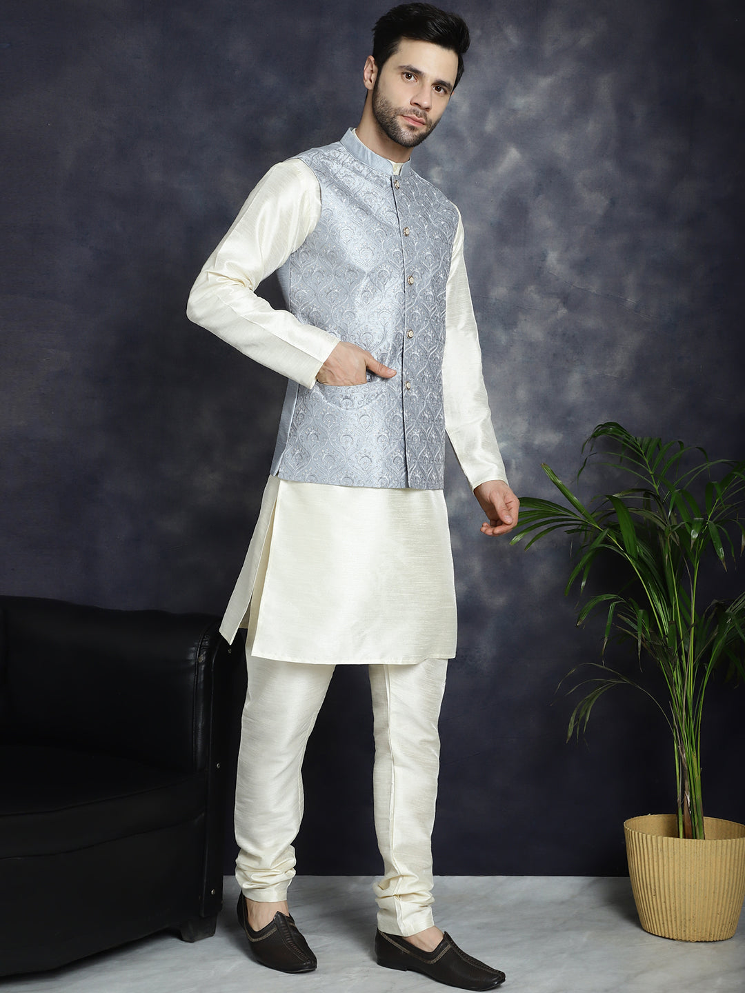 Jompers Men's Sequins and Embroidred Nehru Jacket With Solid Kurta Pyjama - Grey