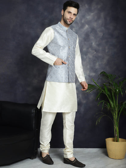 Jompers Men's Sequins and Embroidred Nehru Jacket With Solid Kurta Pyjama - Grey