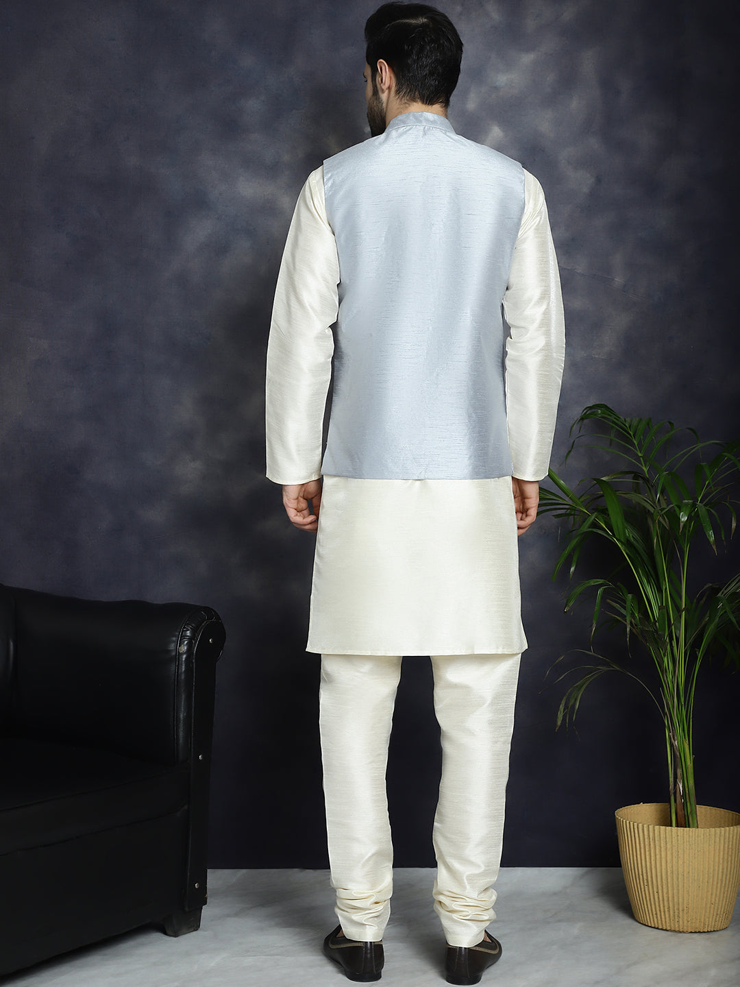 Jompers Men's Sequins and Embroidred Nehru Jacket With Solid Kurta Pyjama - Grey