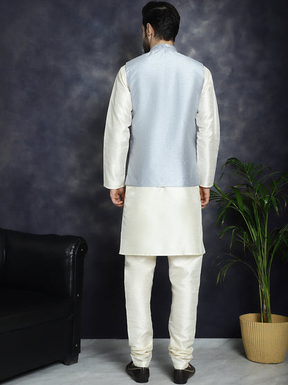 Jompers Men's Sequins and Embroidred Nehru Jacket With Solid Kurta Pyjama - Grey