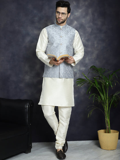 Jompers Men's Sequins and Embroidred Nehru Jacket With Solid Kurta Pyjama - Grey