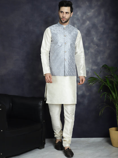Jompers Men's Sequins and Embroidred Nehru Jacket With Solid Kurta Pyjama - Grey