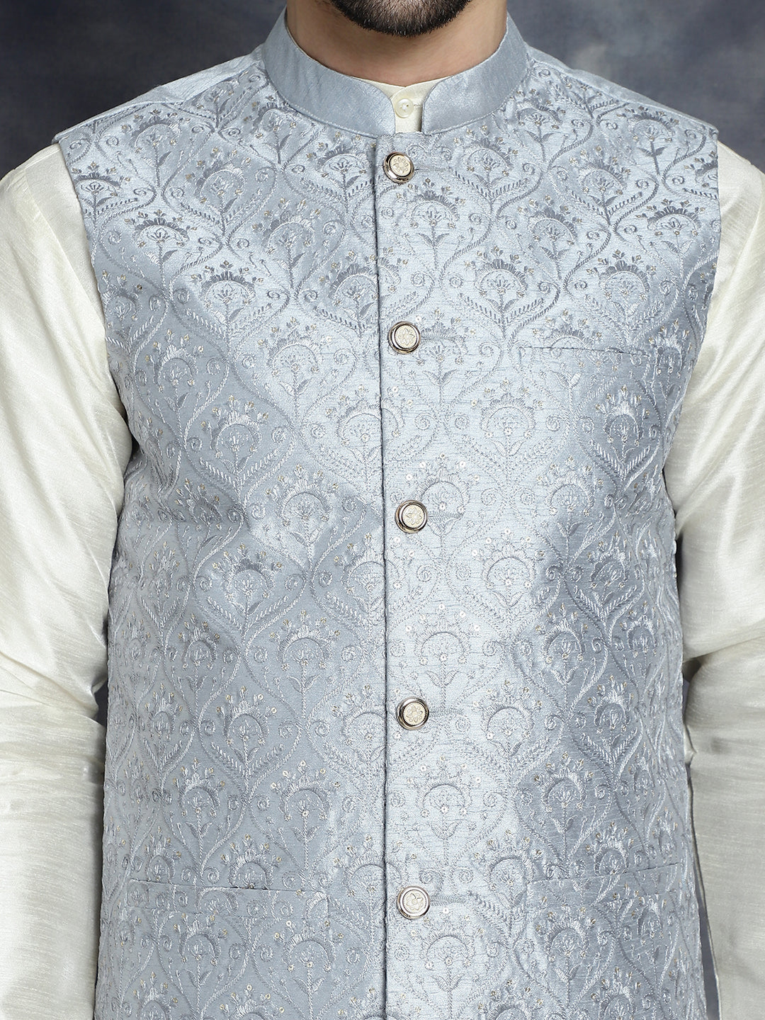 Jompers Men's Sequins and Embroidred Nehru Jacket With Solid Kurta Pyjama - Grey