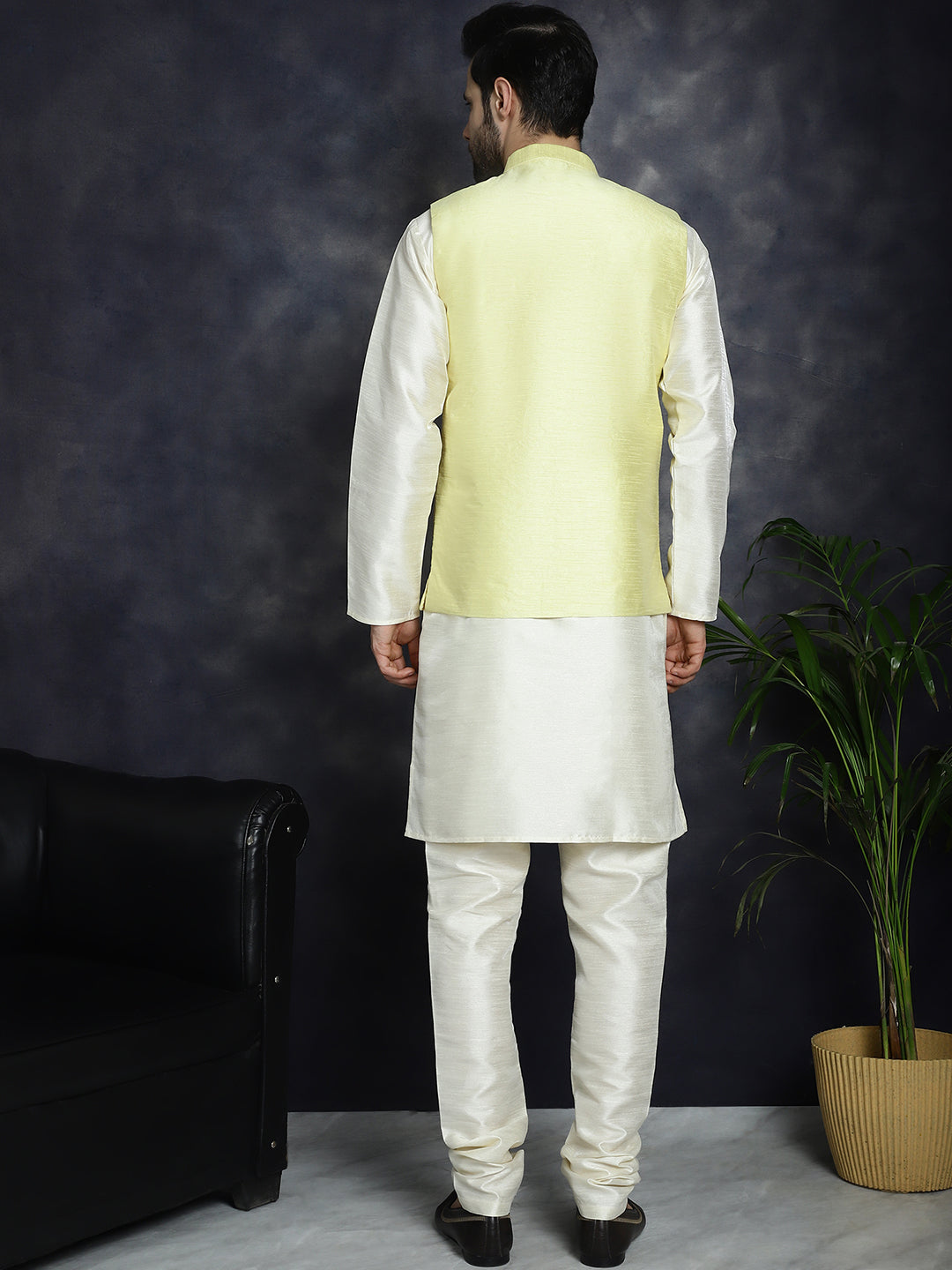 Jompers Men's Sequins and Embroidred Nehru Jacket With Solid Kurta Pyjama - Yellow