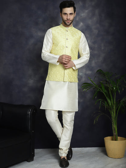 Jompers Men's Sequins and Embroidred Nehru Jacket With Solid Kurta Pyjama - Yellow