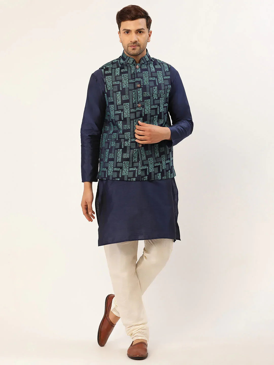 Jompers Men's Solid Kurta Pyjama With Blue Woven Design Nehru Jacket