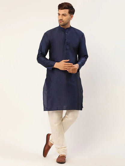 Jompers Men's Solid Kurta Pyjama With Blue Woven Design Nehru Jacket