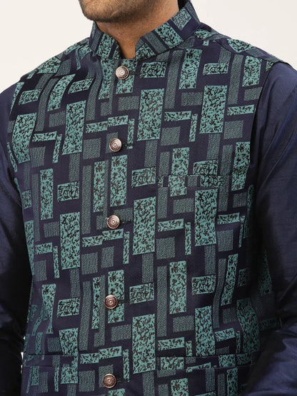 Jompers Men's Solid Kurta Pyjama With Blue Woven Design Nehru Jacket
