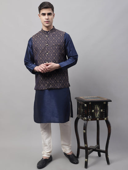 Jompers Men's Navy Blue Solid Kurta Pyjama with Brown Woven Design Nehru Jacket
