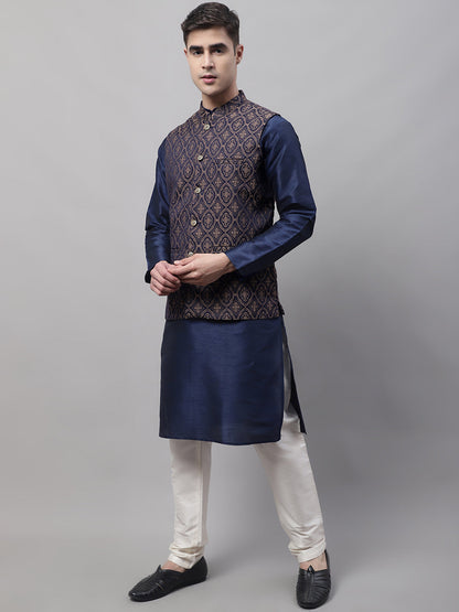 Jompers Men's Navy Blue Solid Kurta Pyjama with Brown Woven Design Nehru Jacket