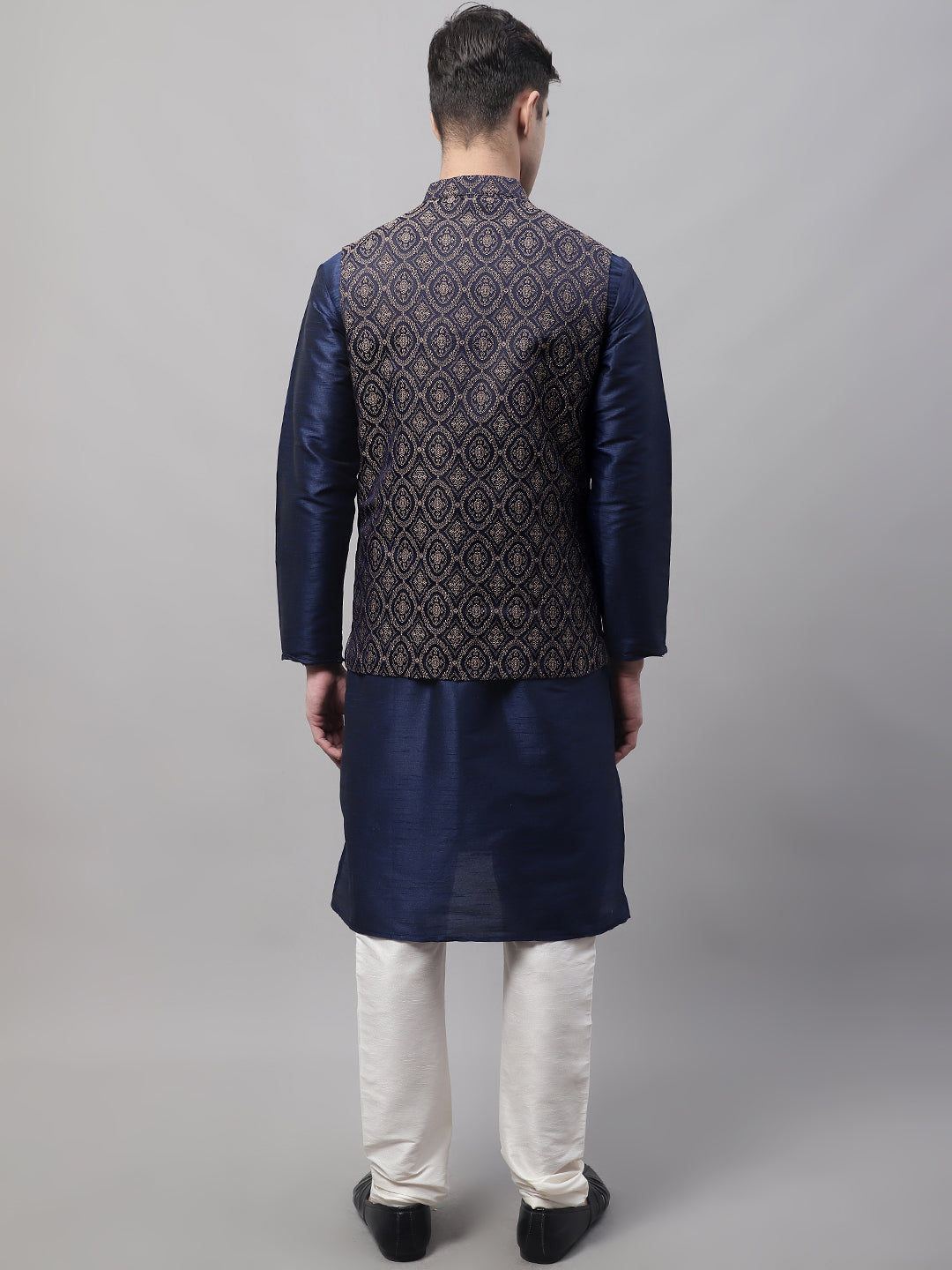 Jompers Men's Navy Blue Solid Kurta Pyjama with Brown Woven Design Nehru Jacket