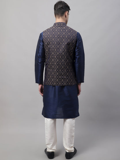 Jompers Men's Navy Blue Solid Kurta Pyjama with Brown Woven Design Nehru Jacket