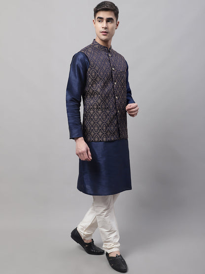 Jompers Men's Navy Blue Solid Kurta Pyjama with Brown Woven Design Nehru Jacket