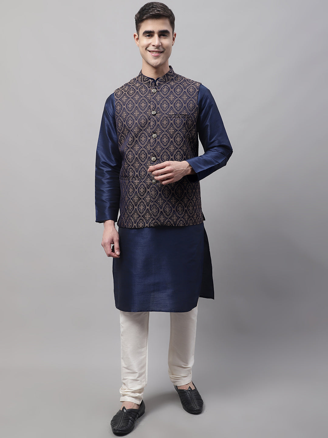 Jompers Men's Navy Blue Solid Kurta Pyjama with Brown Woven Design Nehru Jacket