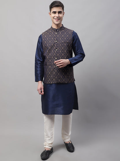 Jompers Men's Navy Blue Solid Kurta Pyjama with Brown Woven Design Nehru Jacket