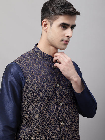 Jompers Men's Navy Blue Solid Kurta Pyjama with Brown Woven Design Nehru Jacket